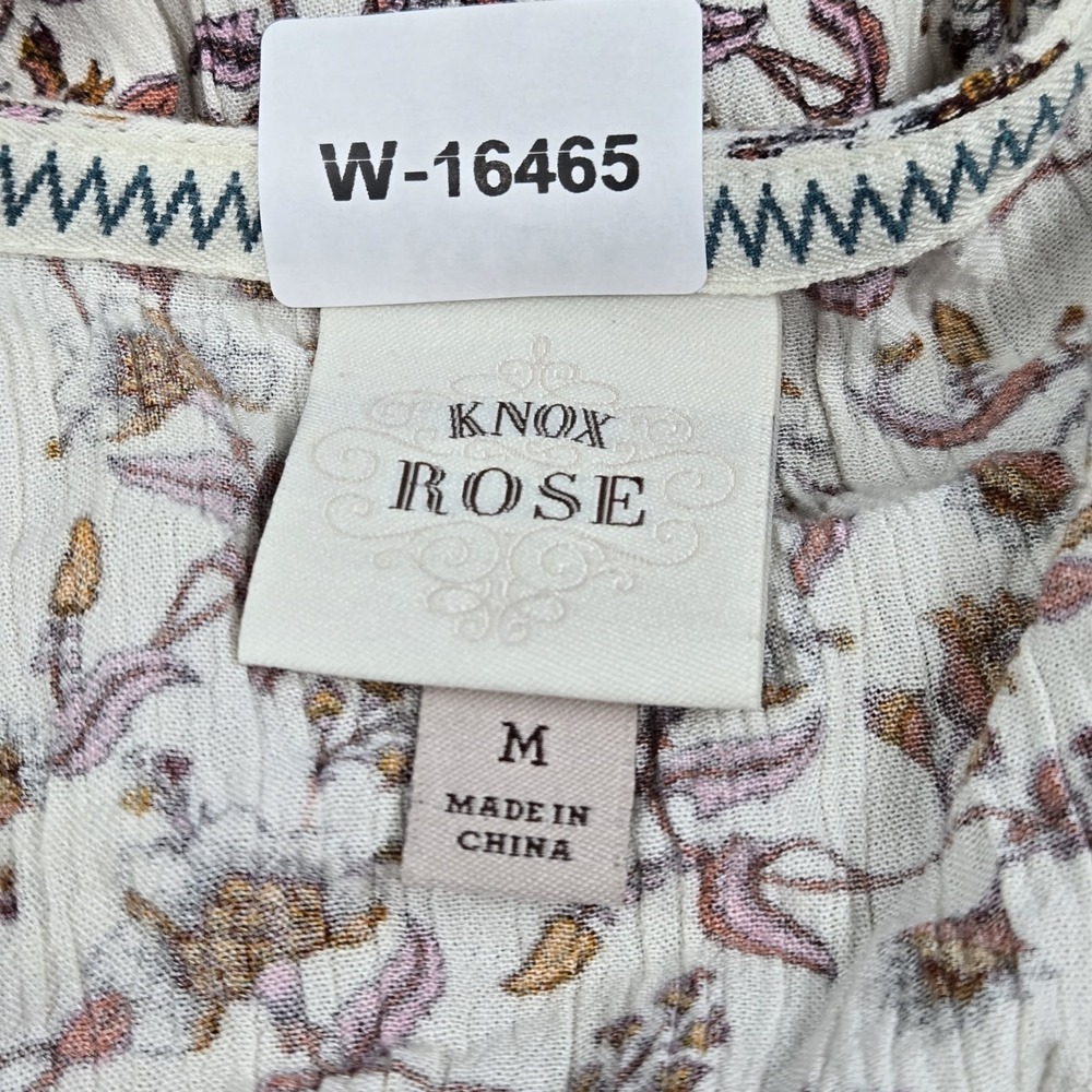 Knox Rose Women Dress M Cream Floral Midi Blouson Boho Cottagecore Tasseled - Picture 2 of 9